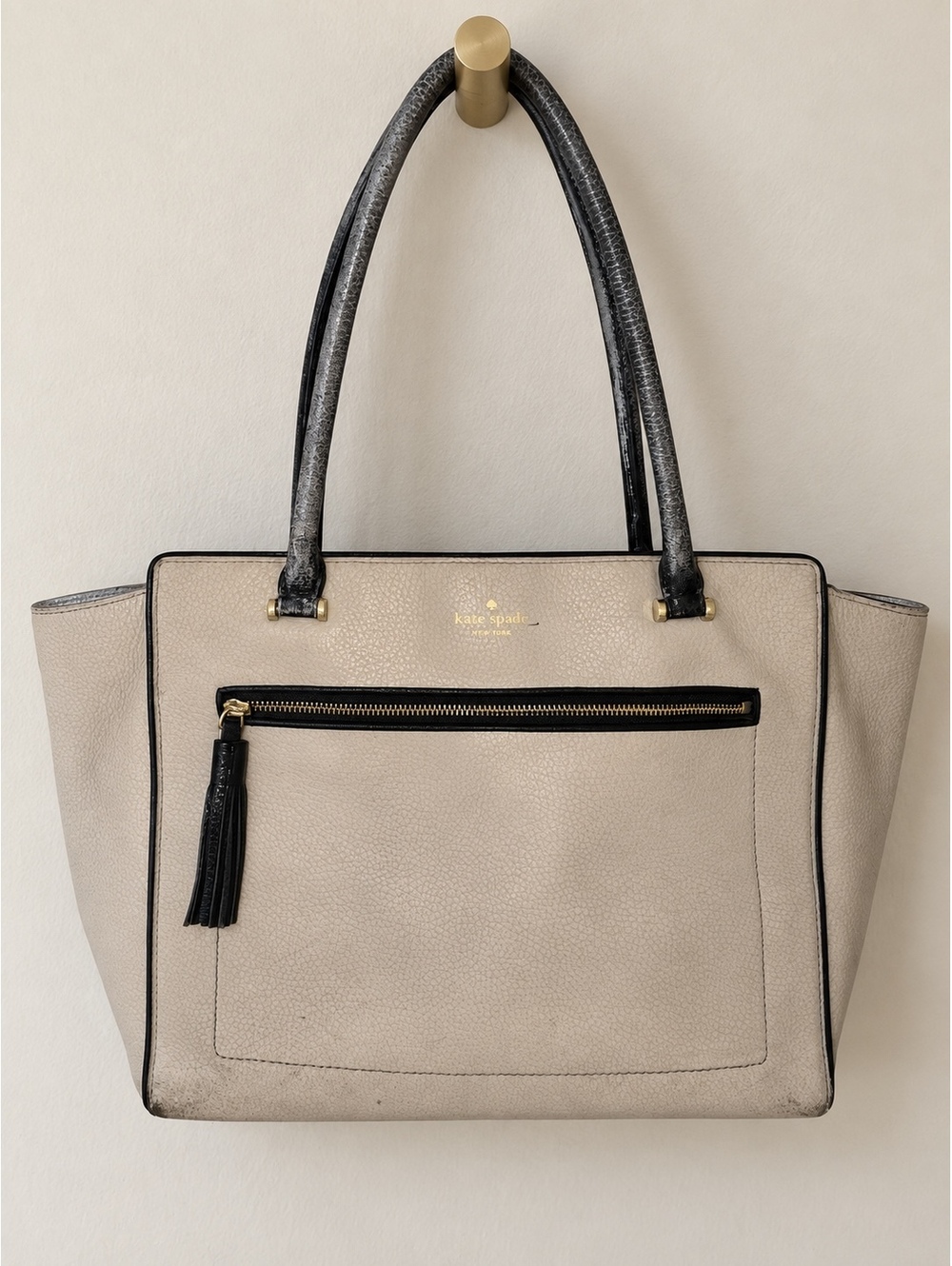 Kate Spade Cream Black Leather Tote Tassel Work Bag